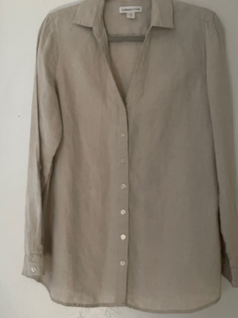 Coldwater Creek Linen V-Neck Button Up Shirt Beige Oatmeal Tab Sleeve L